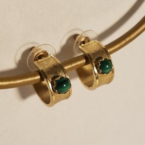Gold Tone Wide Hoop Post Earrings w/ Malachite
